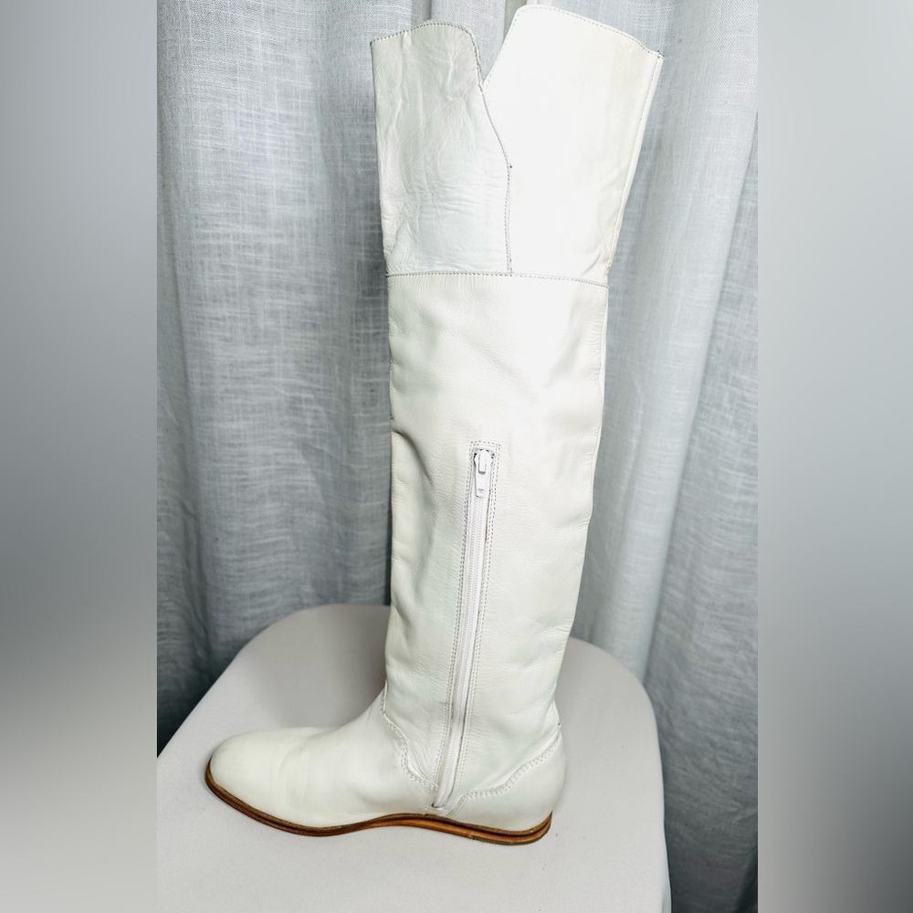 Genuine Leather Cream Over The Knee Women's Boots/ also can roll down! - Picture 6 of 16